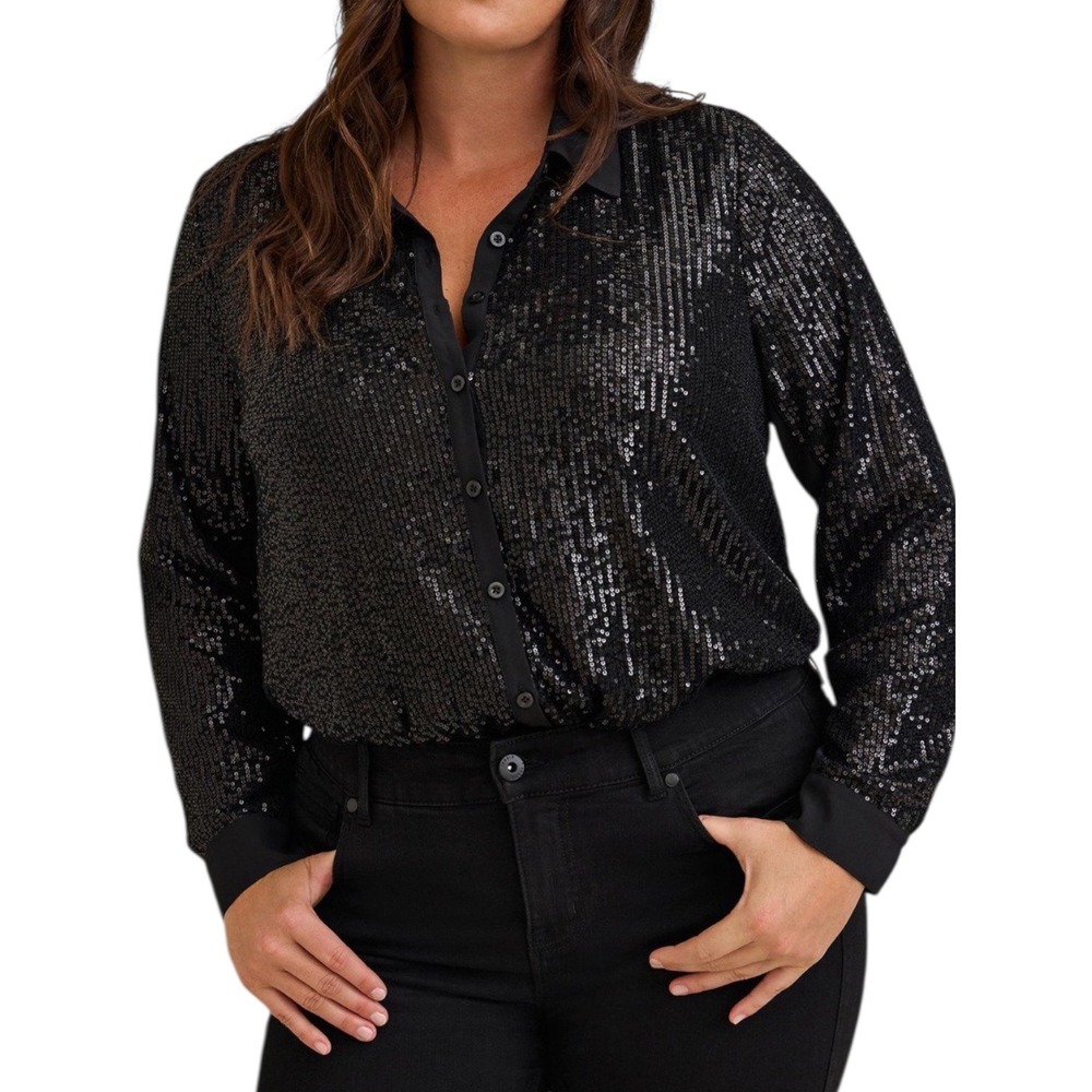Torrid Madison Black Sequin Button-Up Long Sleeve Shirt NWT (L)